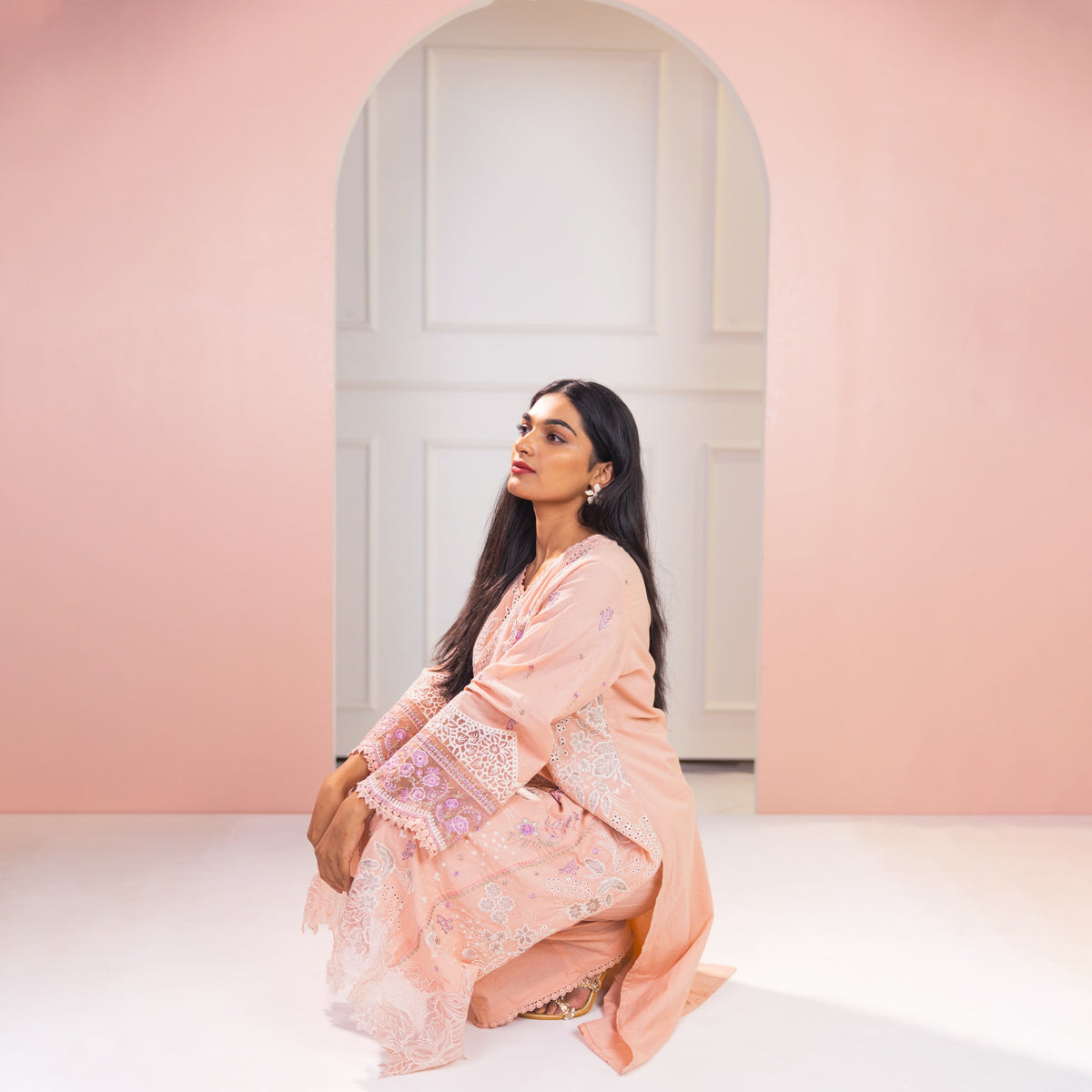 blush paneled long a line suit set