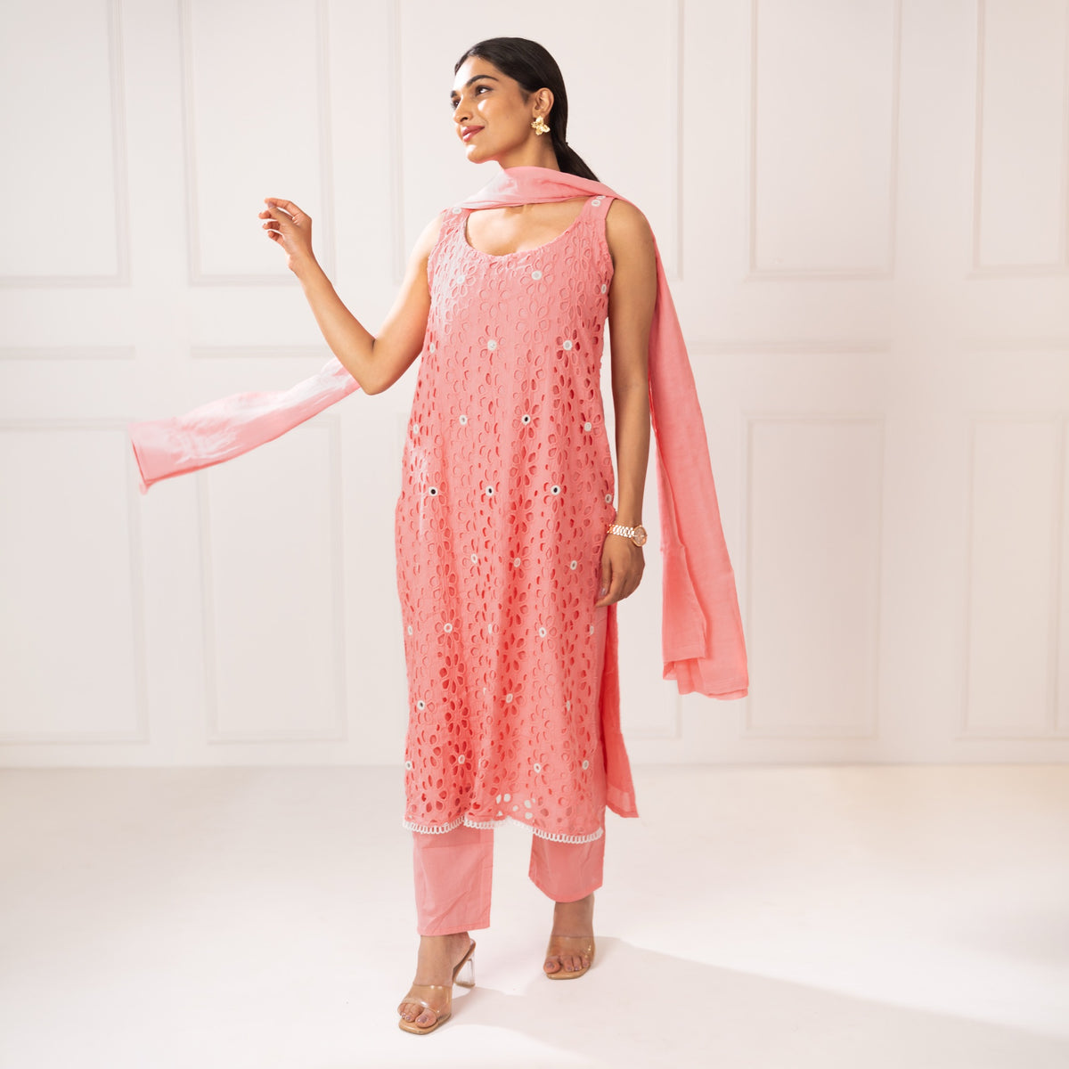 soft pink mirror embellished 3 piece suit set