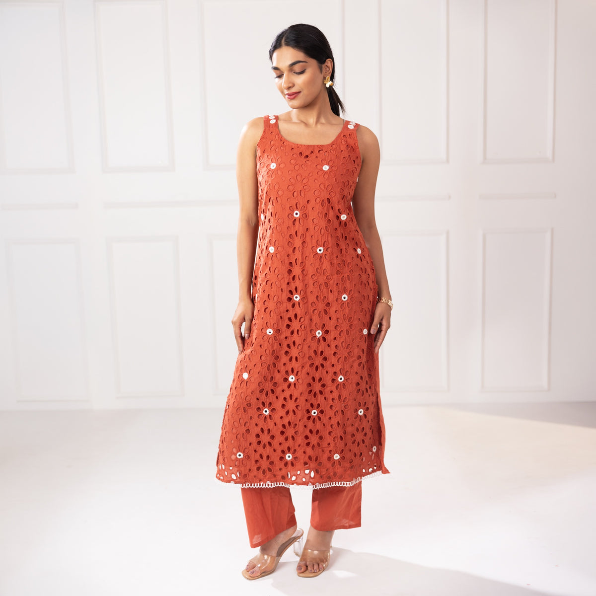 rust orange mirror embellished 3 piece suit set