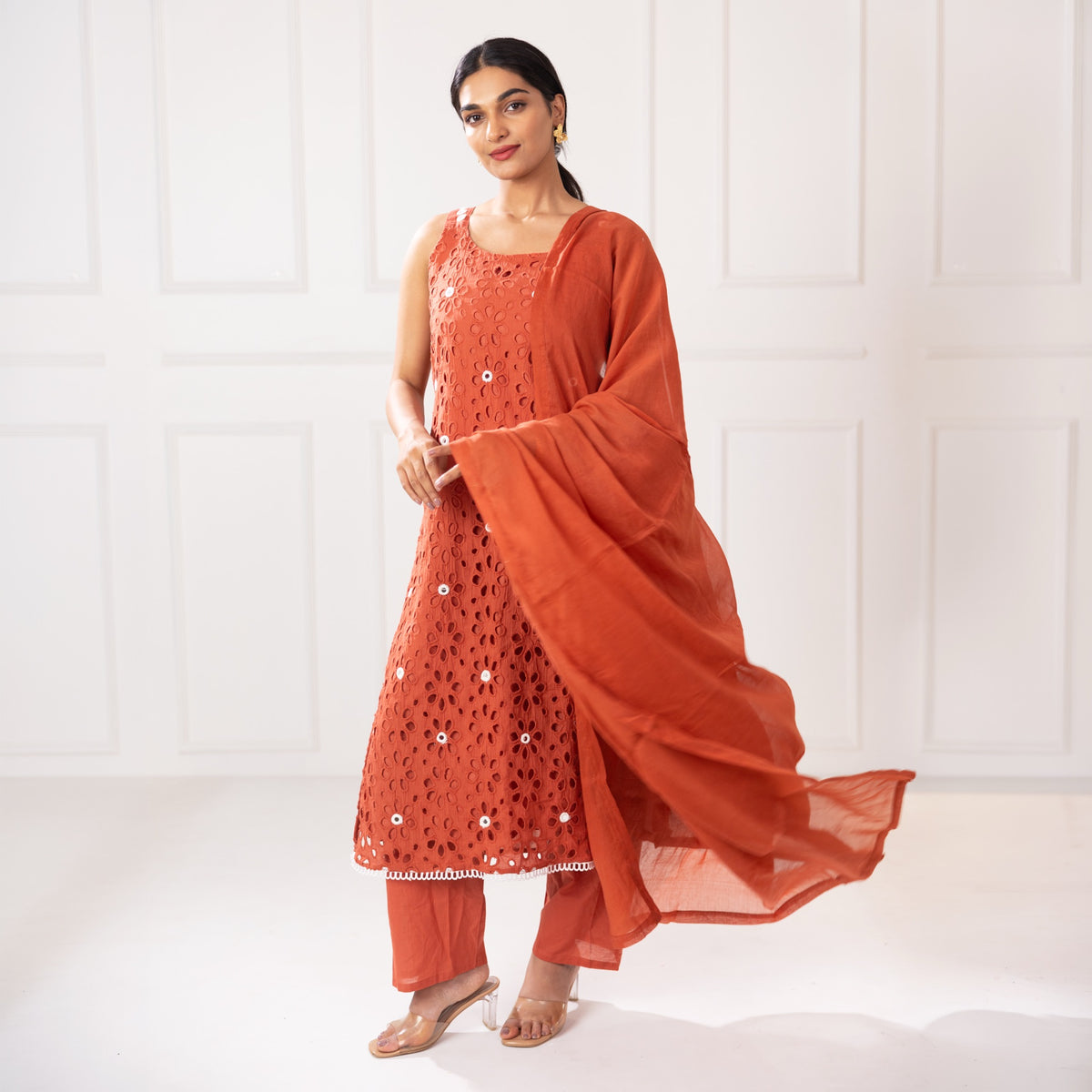 rust orange mirror embellished 3 piece suit set