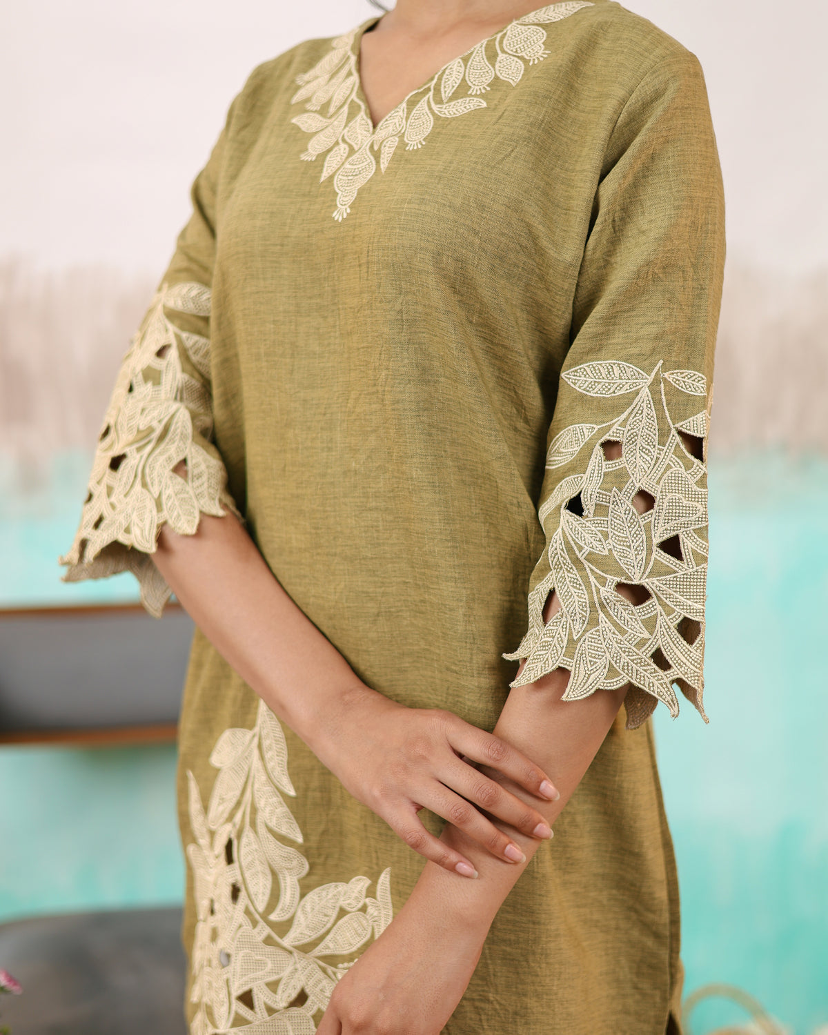 olive green cotton linen suit set
