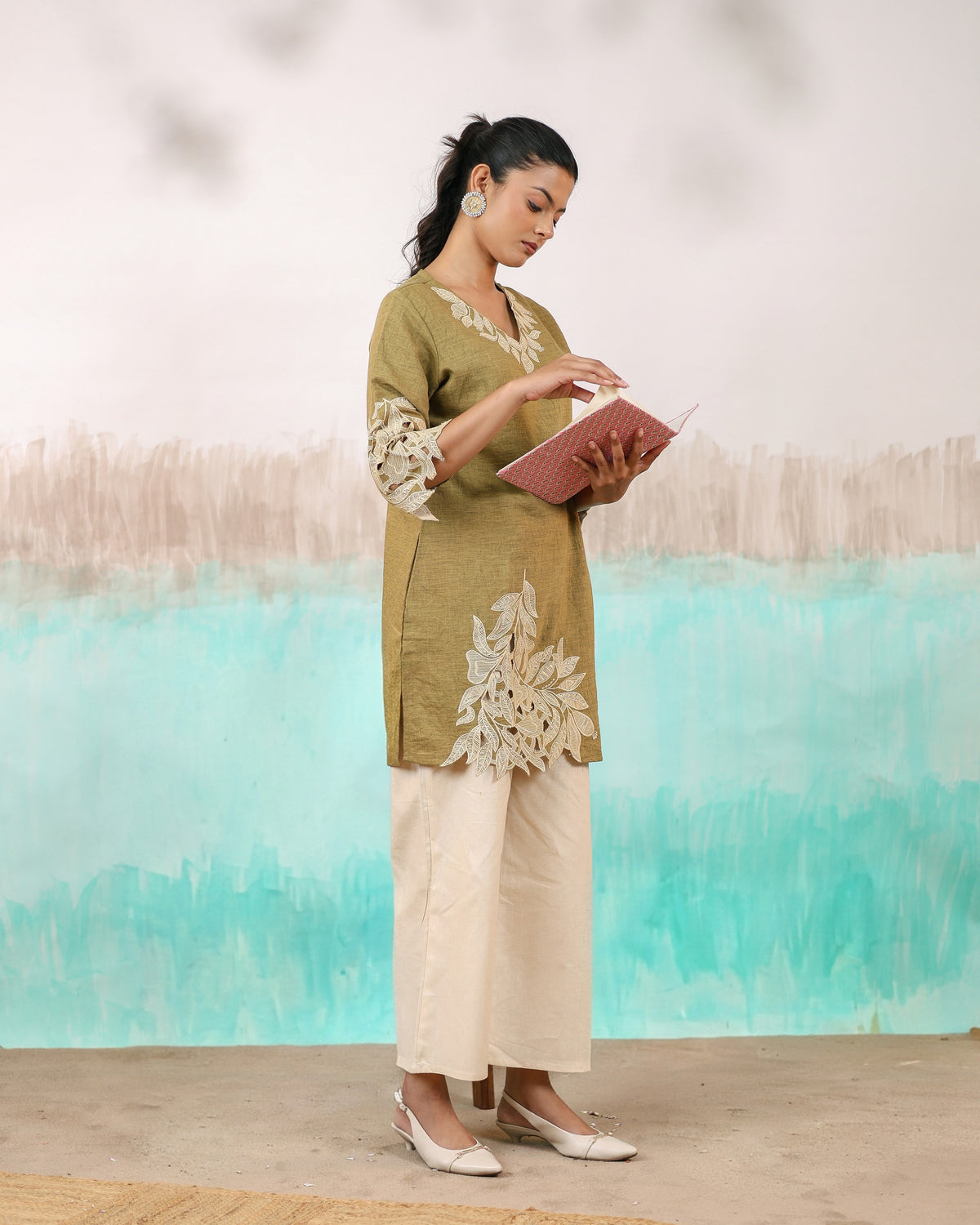 olive green cotton linen suit set