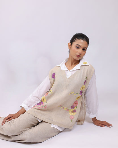 floral embroidered 3 piece jute co ord set